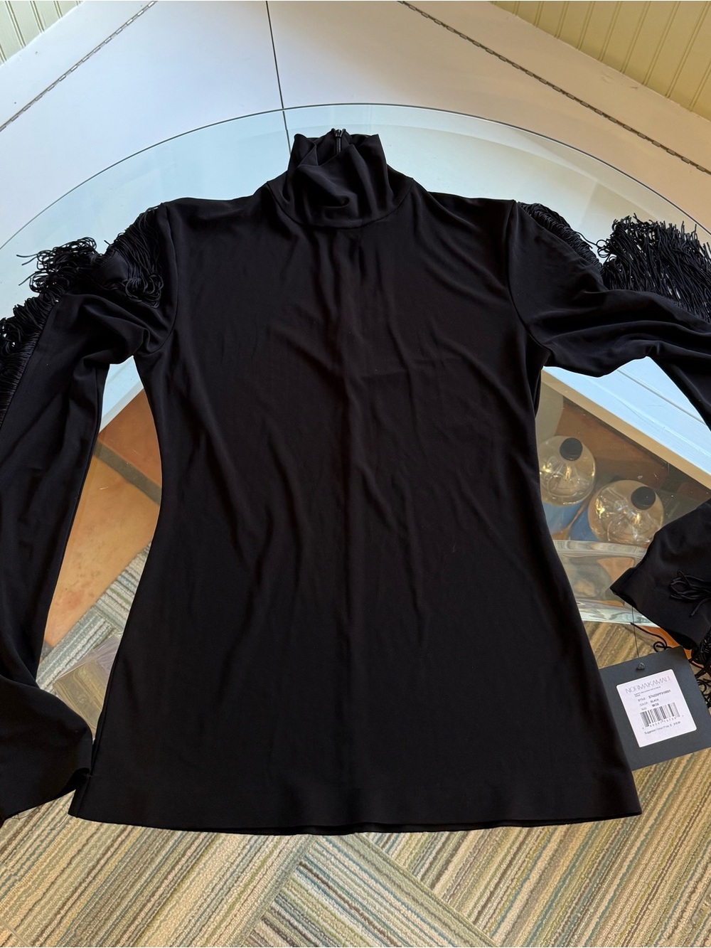 Norma Kamali spandex black top w/ fringed sleeves